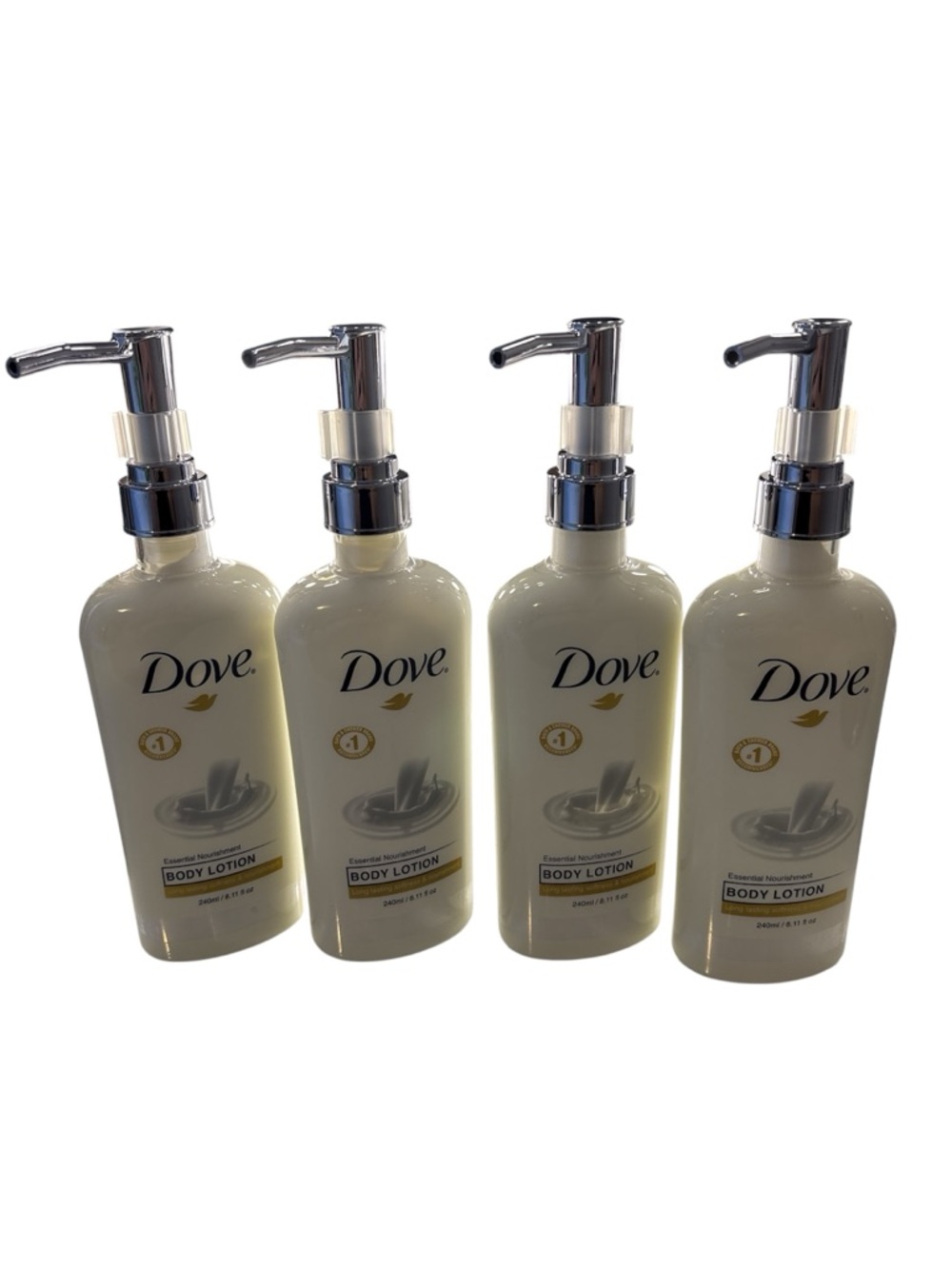 Lot of 4 Dove Essential Nourishment Body Lotion 8.11oz / 240ml Pump Bottles NEW